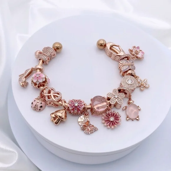 Linx Rose Gold Stainless Steel Open Bangle with Pink Themed Charms